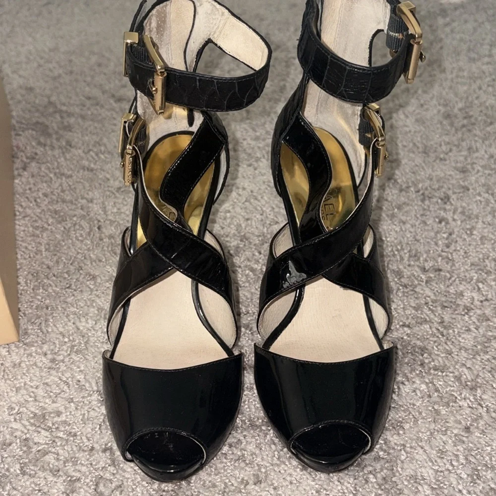 Michael Kors Black Patent Leather Strappy Stiletto Sandals- Tamara Open Toe - Picture 2 of 6